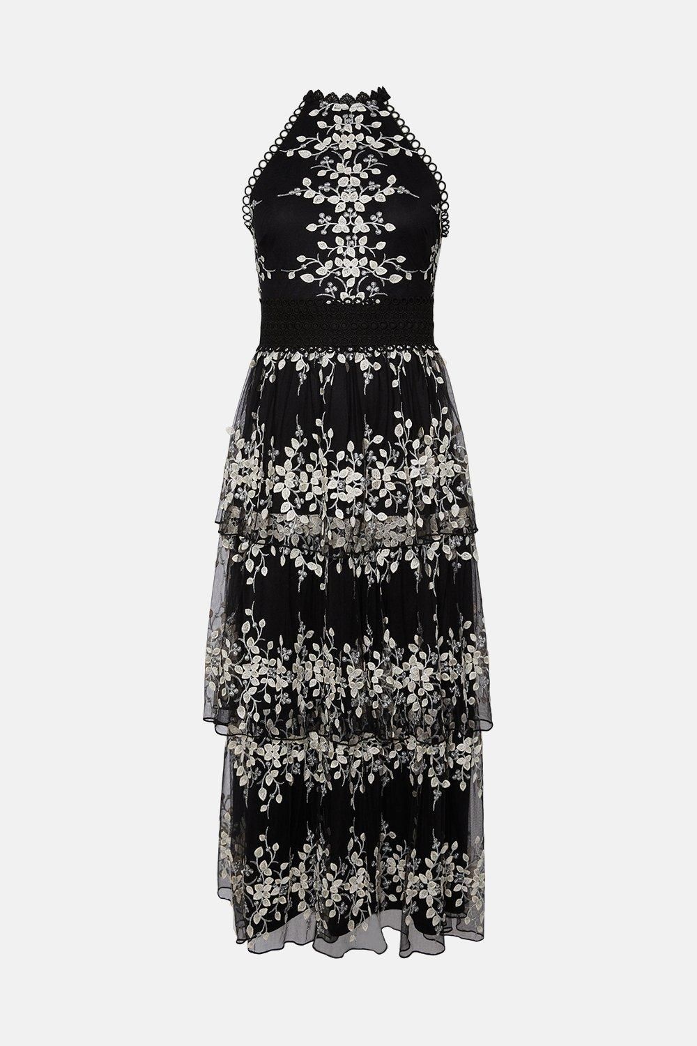 Oasis Floral Embroidered Tulle Tiered Halter Midi Dress Blackwhite image 4
