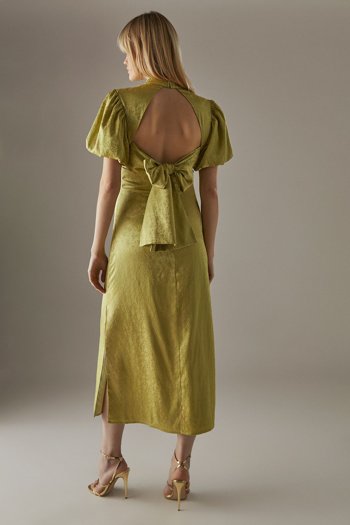 Warehouse Rose Satin Jacquard Puff Sleeve Tie Back Midi Dress Lime Yellow image 3