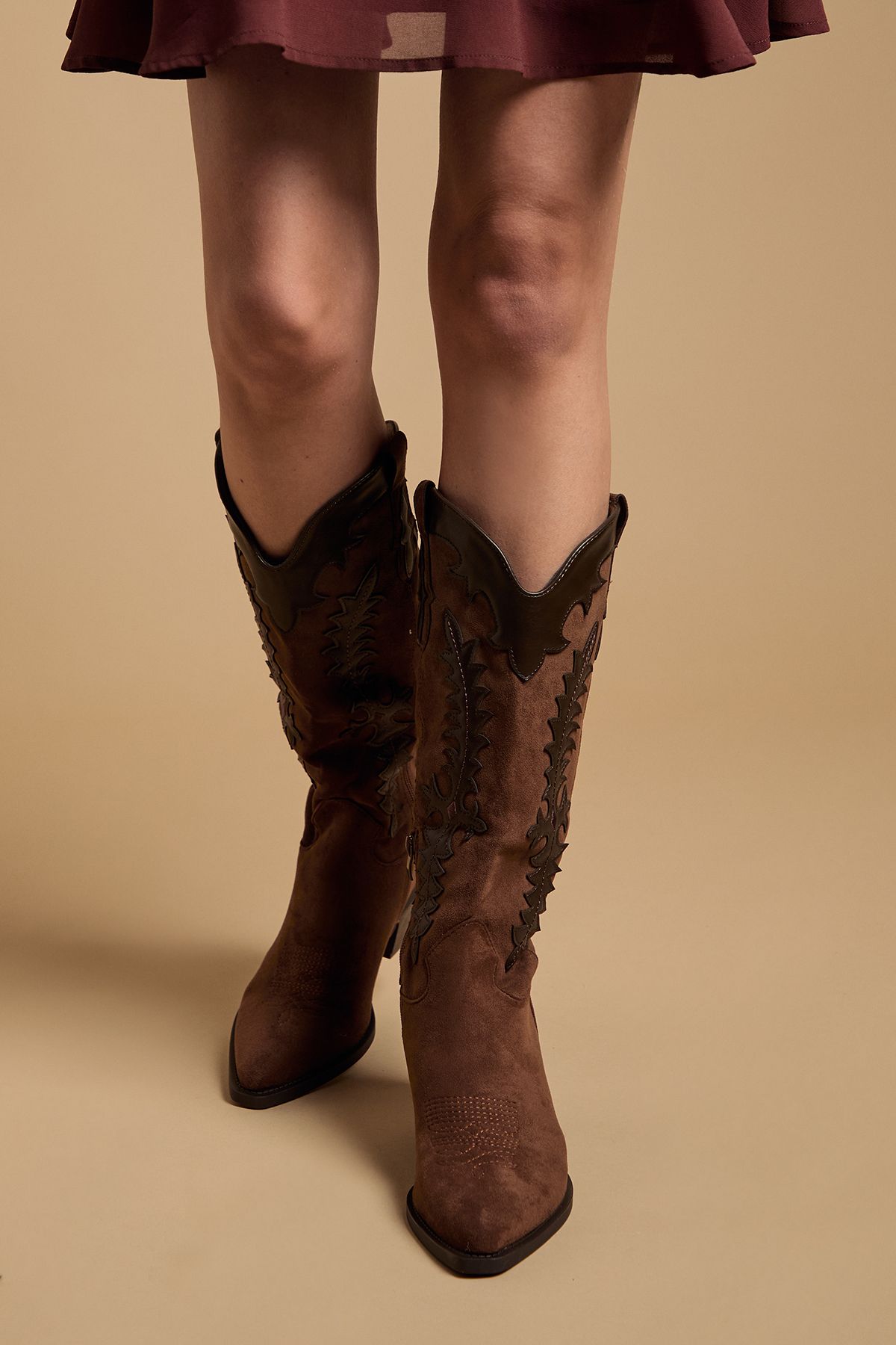 Oasis Jessie Faux Suede & Leather Western Cowboy Calf Boots Brown image 2