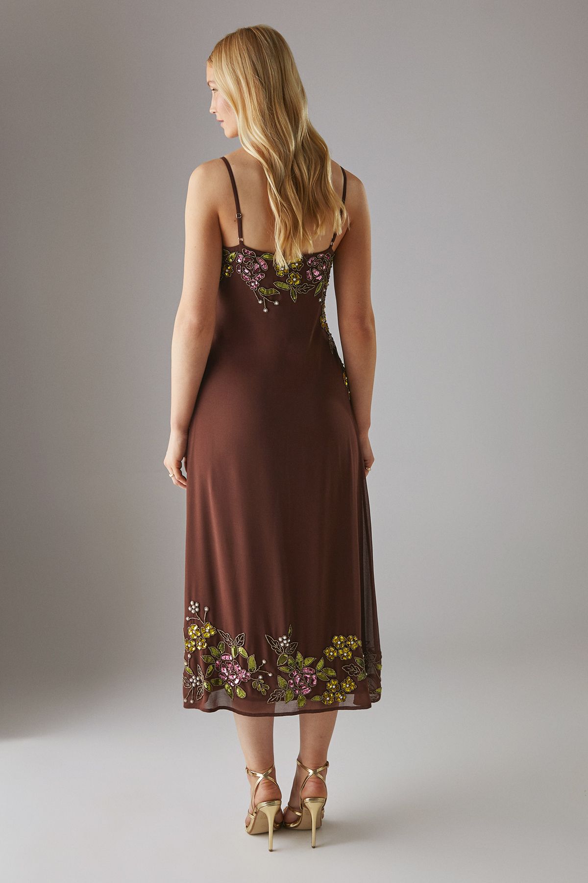 Warehouse Hand Embellished Strappy Bias Sequin Midi Dress Chocolate image 3