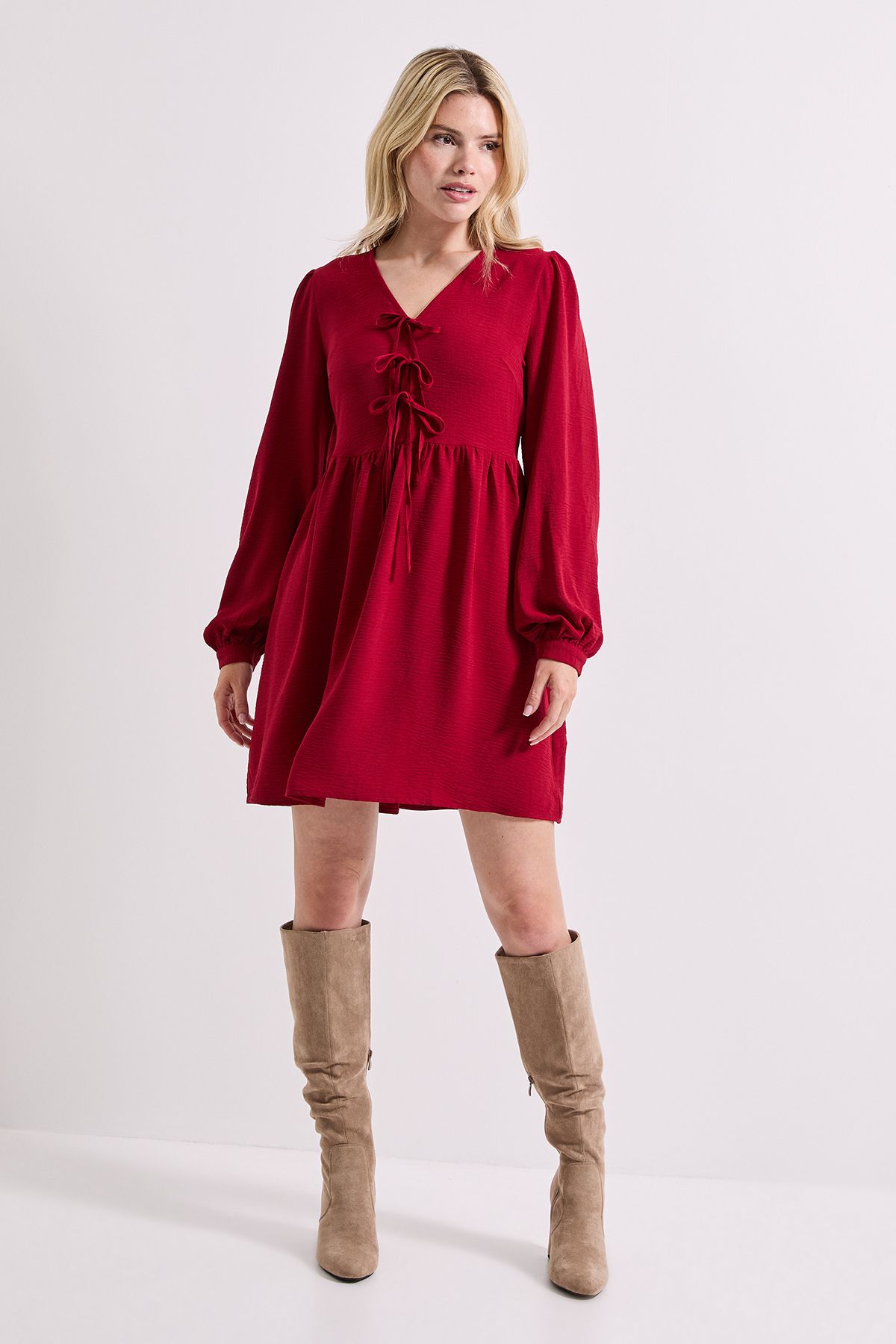 Dorothy Perkins Bow Front Blouson Sleeve Mini Dress Berry image 2