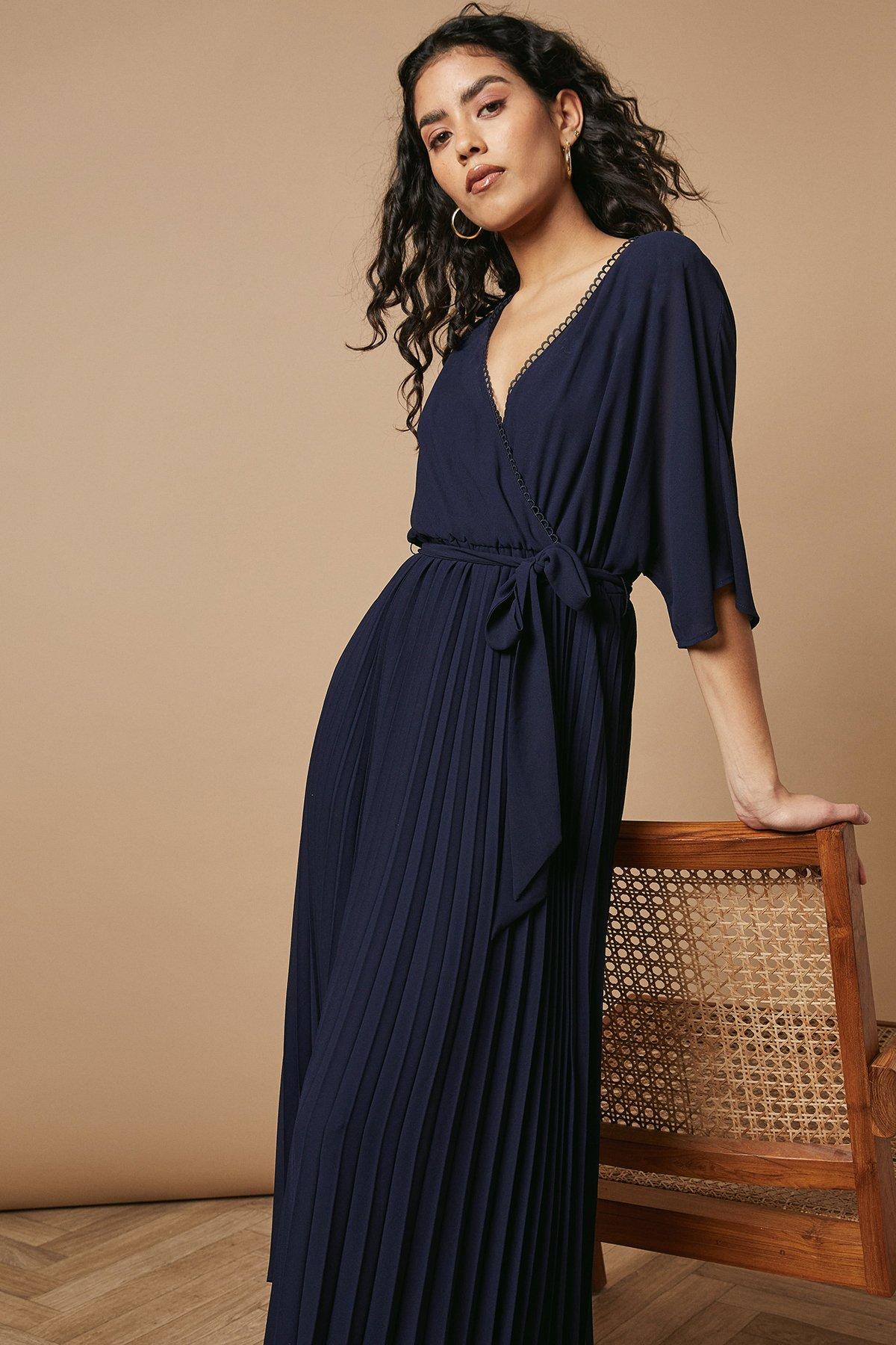 Oasis Petite Occasion Kimono Sleeve Pleated Midi Dress Navy image 2