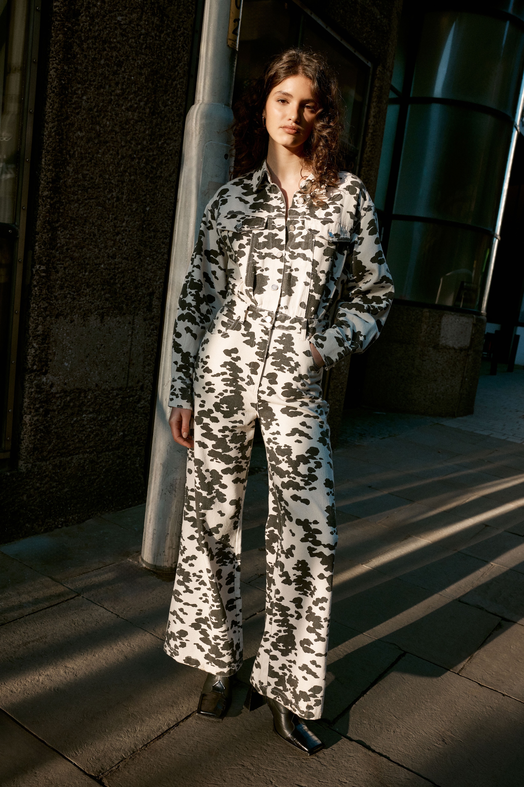 NastyGal Denim Dalmatian Print Jumpsuit Mono image 3