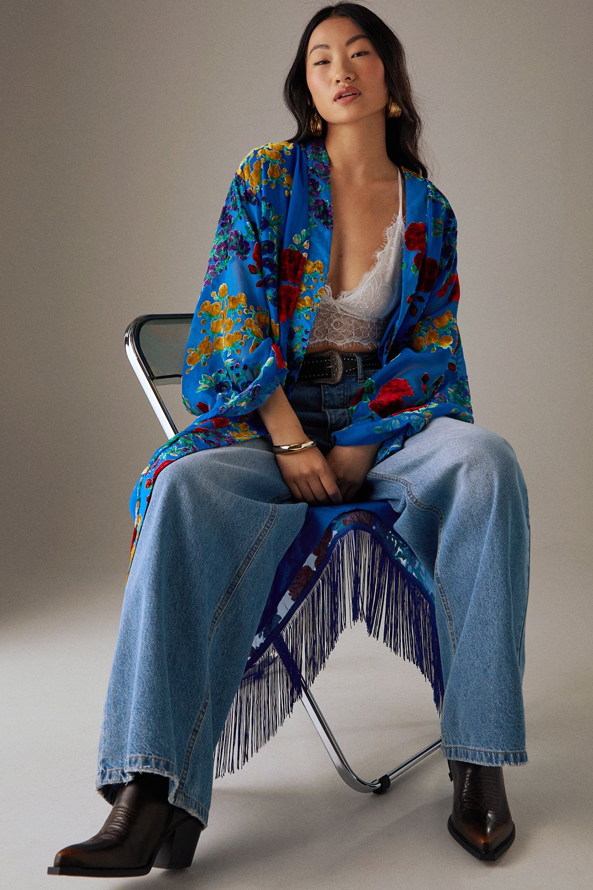 Warehouse Petite Premium Burnout Fringe Hem Midi Kimono Blue image 4