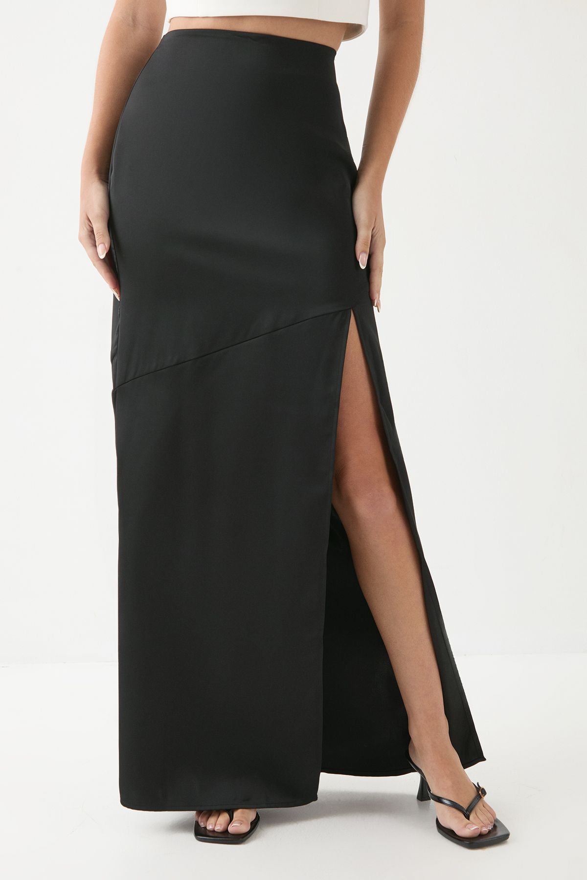 MissPap Satin High Waist Maxi Skirt Black image 2