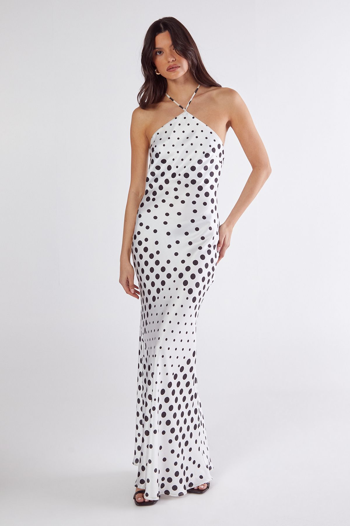 NastyGal Satin Polka Dot Halter Neck Cowl Back Maxi Dress Mono image 2