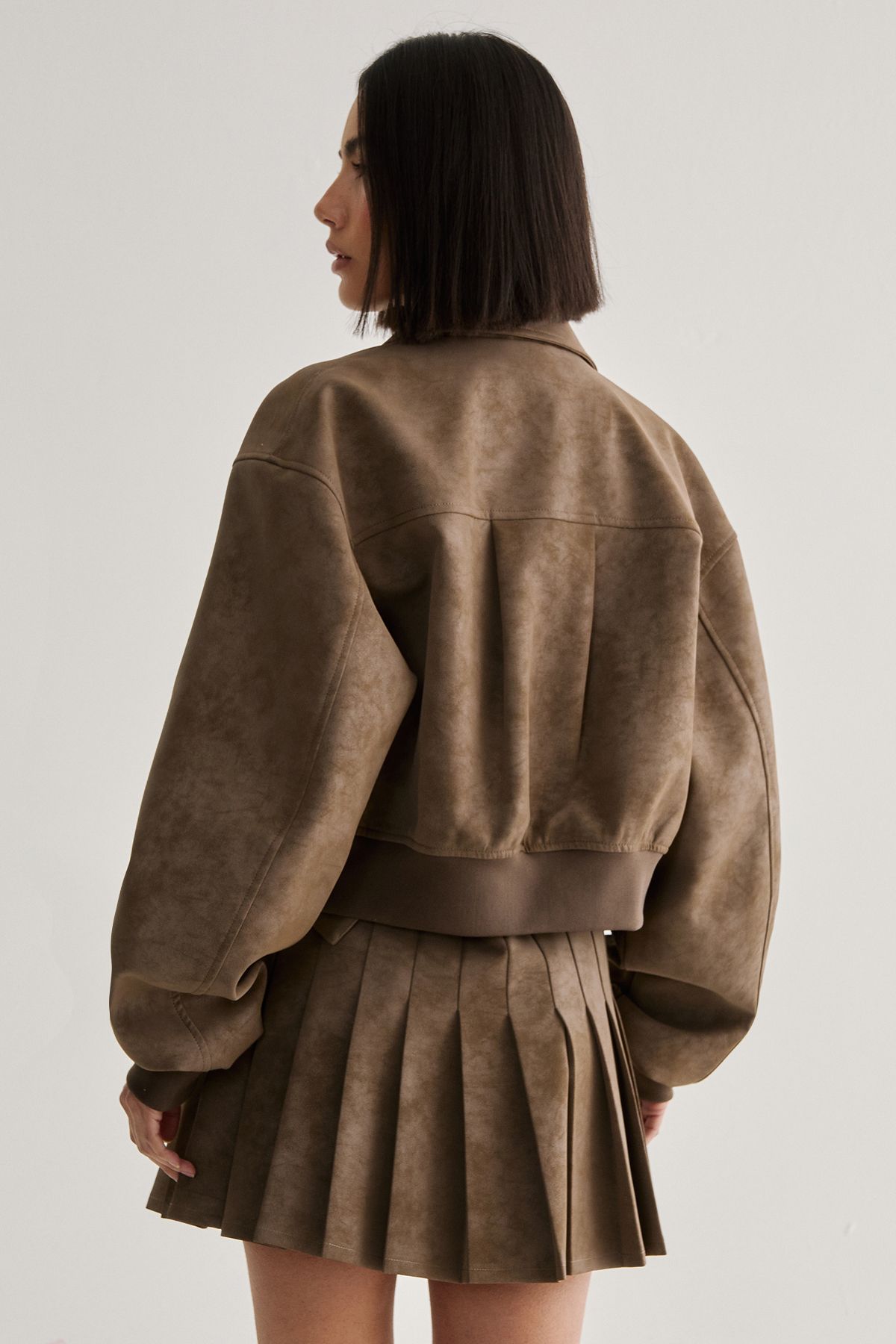 NastyGal Distressed Faux Leather Bomber Jacket Brown image 4