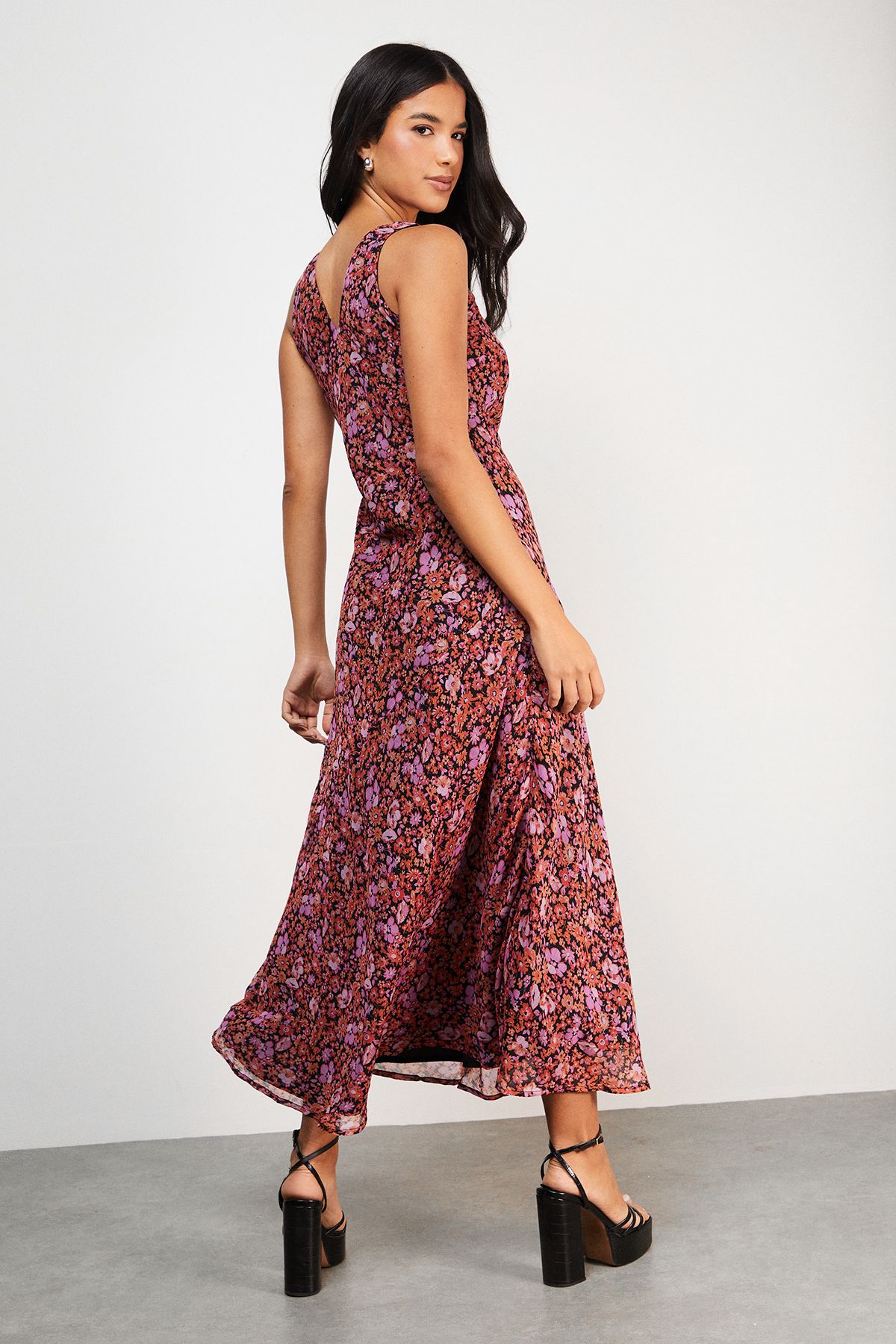 Warehouse Ditsy Floral Chiffon Square Neck Bias Midi Slip Dress Pink image 3