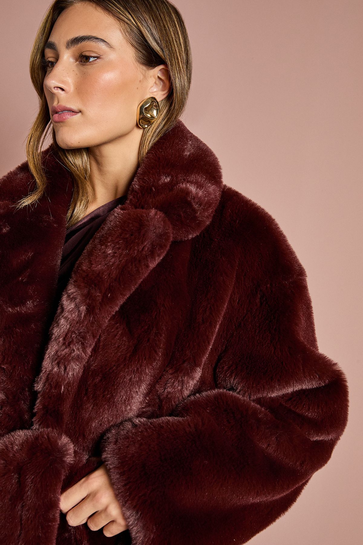 Coast Burgandy Occasion Belted Longline Faux Fur Coat Burgundy image 2