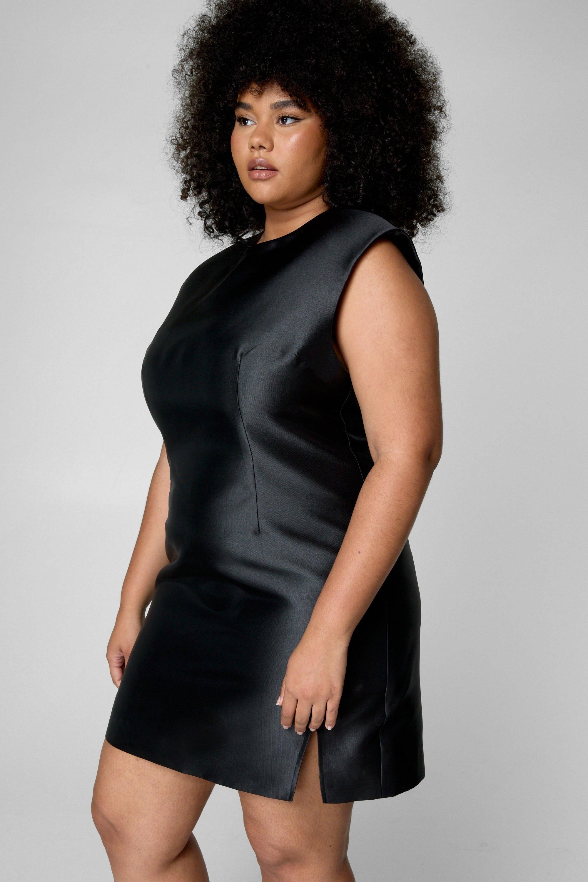 NastyGal Plus Structured Satin Shoulder Pad Side Split Dress Black image 3