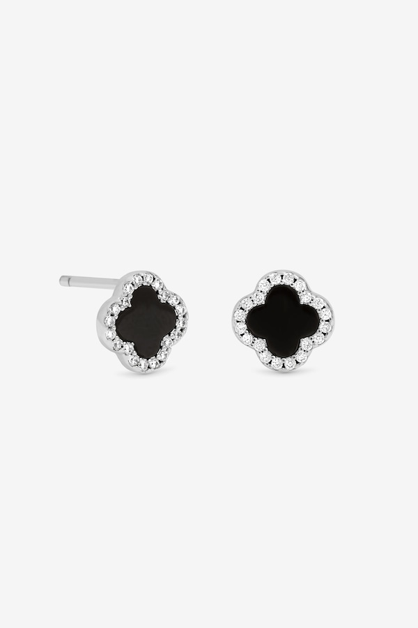 Simply Silver Sterling Silver 925 Pave and Jet Clover Stud Earrings