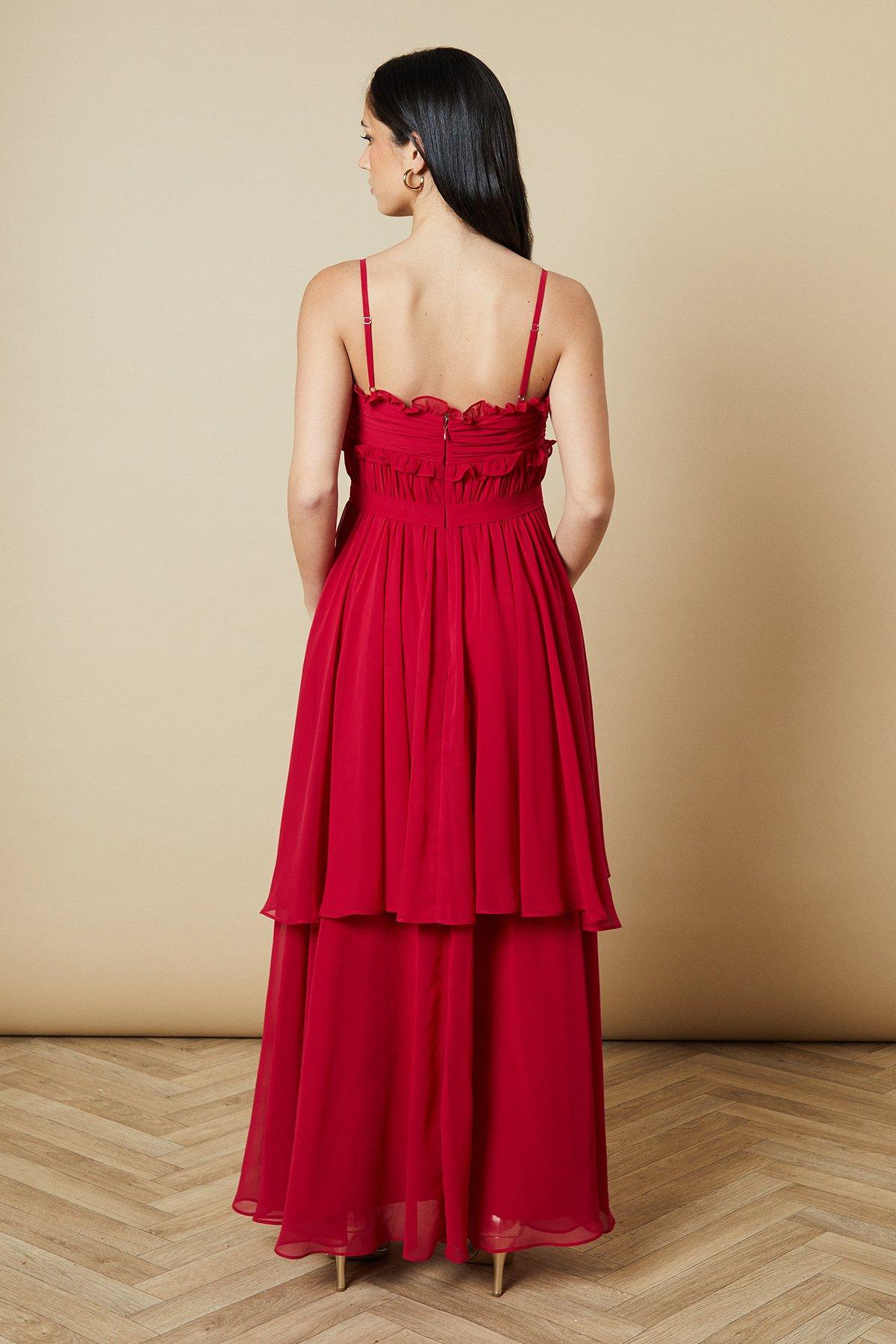 Oasis Strappy Scallop Bust Tiered Midi Dress Red image 3