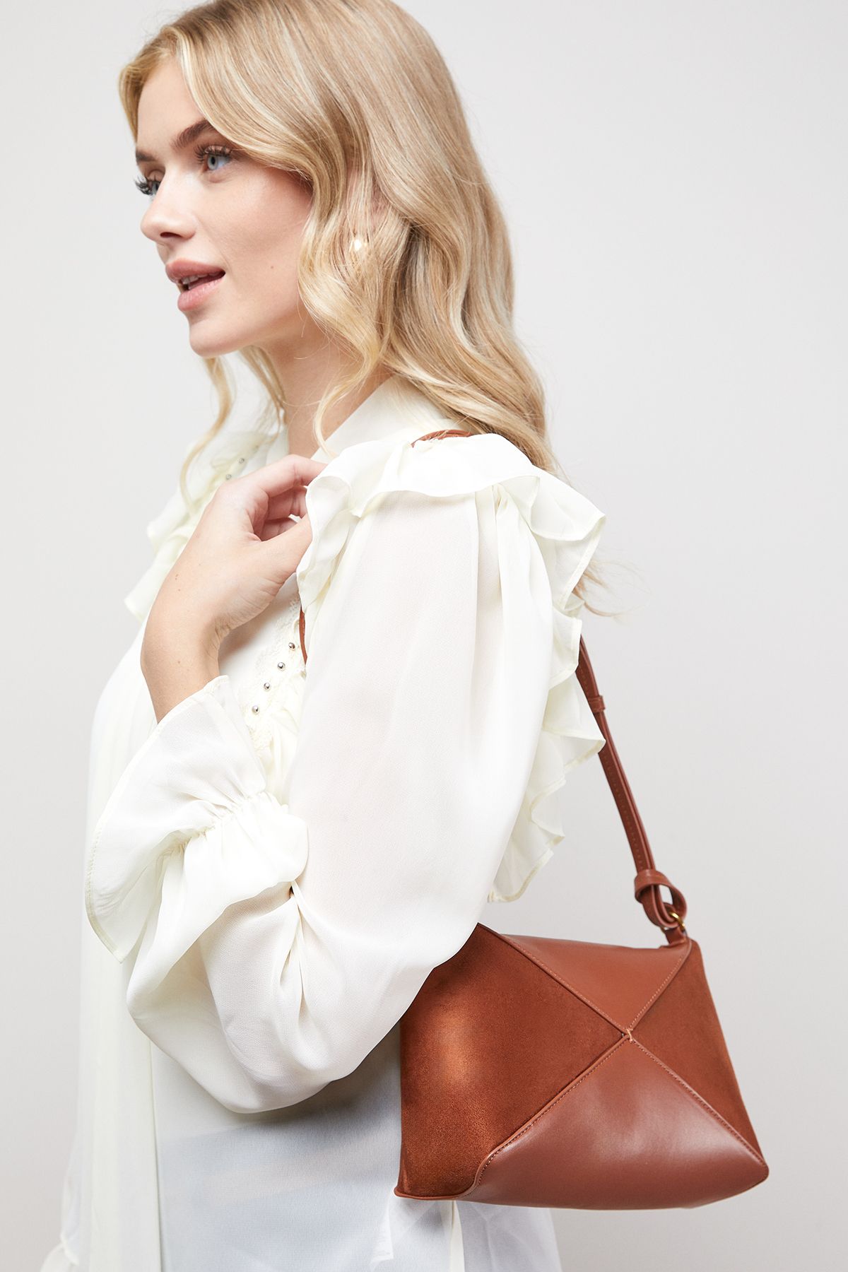 Oasis Taryn Faux Leather Mix Material Shoulder Bag Tan image 2