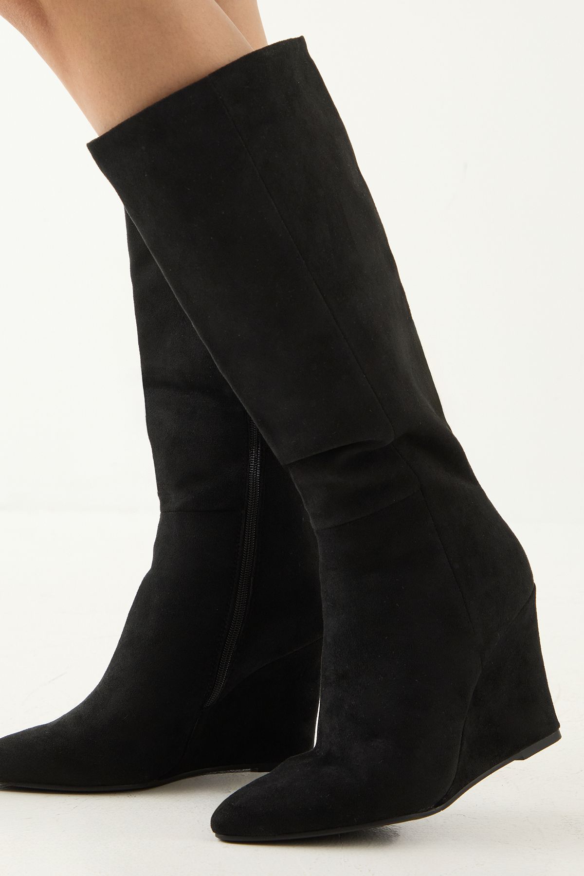 MissPap Faux Suede High Wedge Knee Boots Natural Black image 4