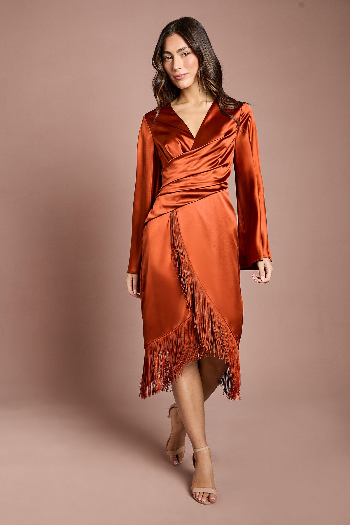 Coast Satin Fringe Hem Wrap Waist Midi Dress Rust
