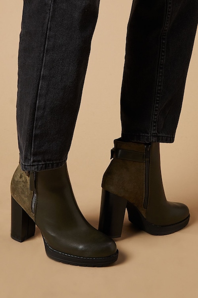 Oasis Mika Buckle Detail Side Zip High Block Heel Platform Ankle Boot Khaki