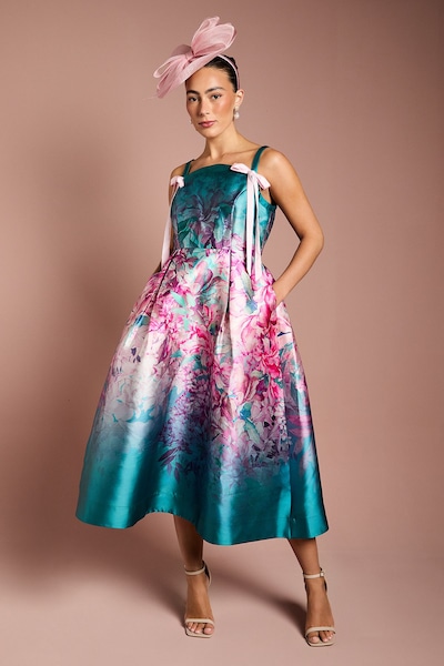 Coast Strappy Bow Detail Twill Midi Dress Teal