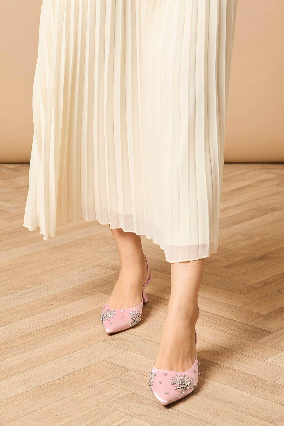 Oasis Vina Satin Embellished Kitten Heel Slingback Court Shoes Light Pink image 1