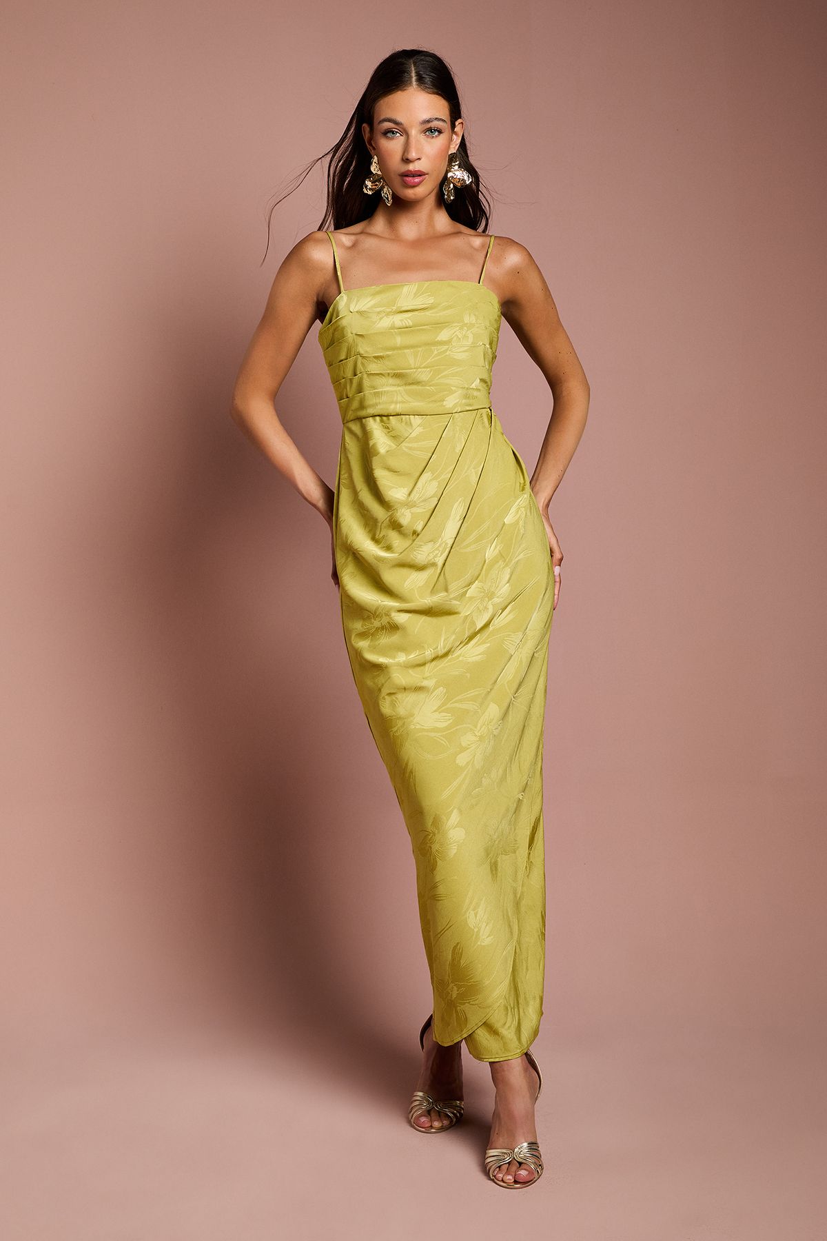 Coast Jacquard Satin Midaxi Dress With Wrap Skirt Olive image 1