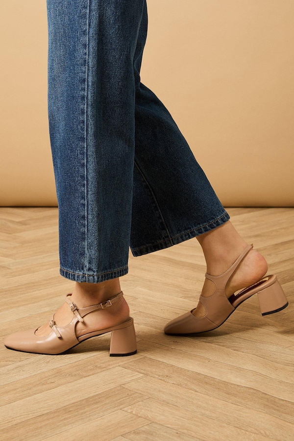Oasis Imorina Faux Leather Double Mary Jane Slingback Medium Block Heeled Shoes Beige