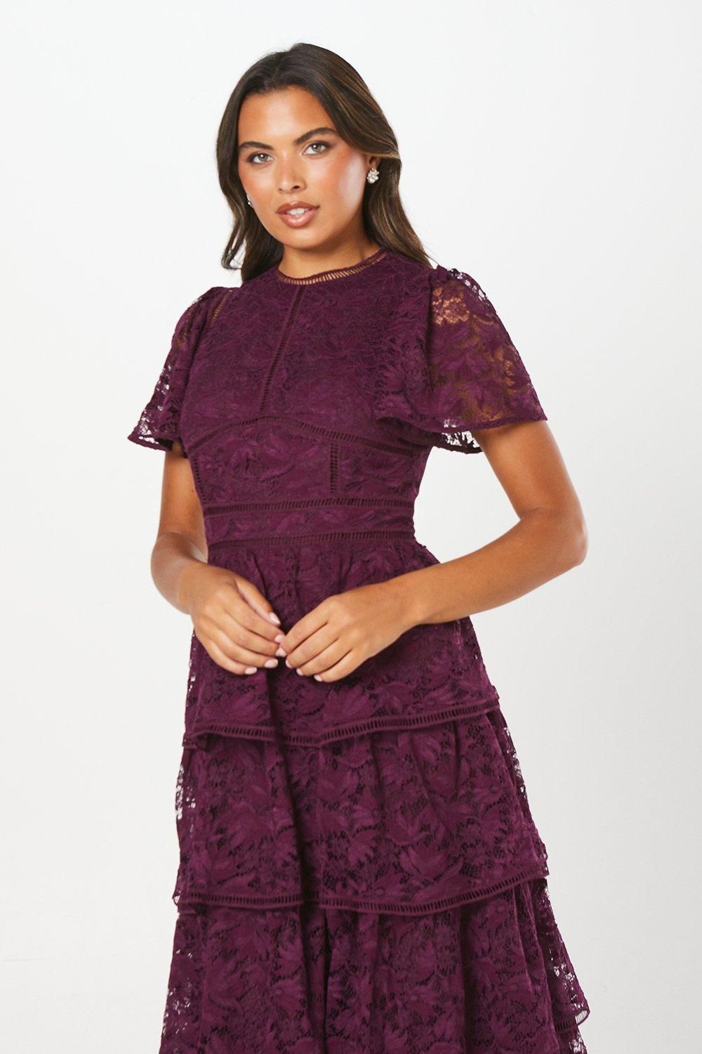 Coast Tiered Lace Dress With Flutter Sleeve & Trims Plum image 2