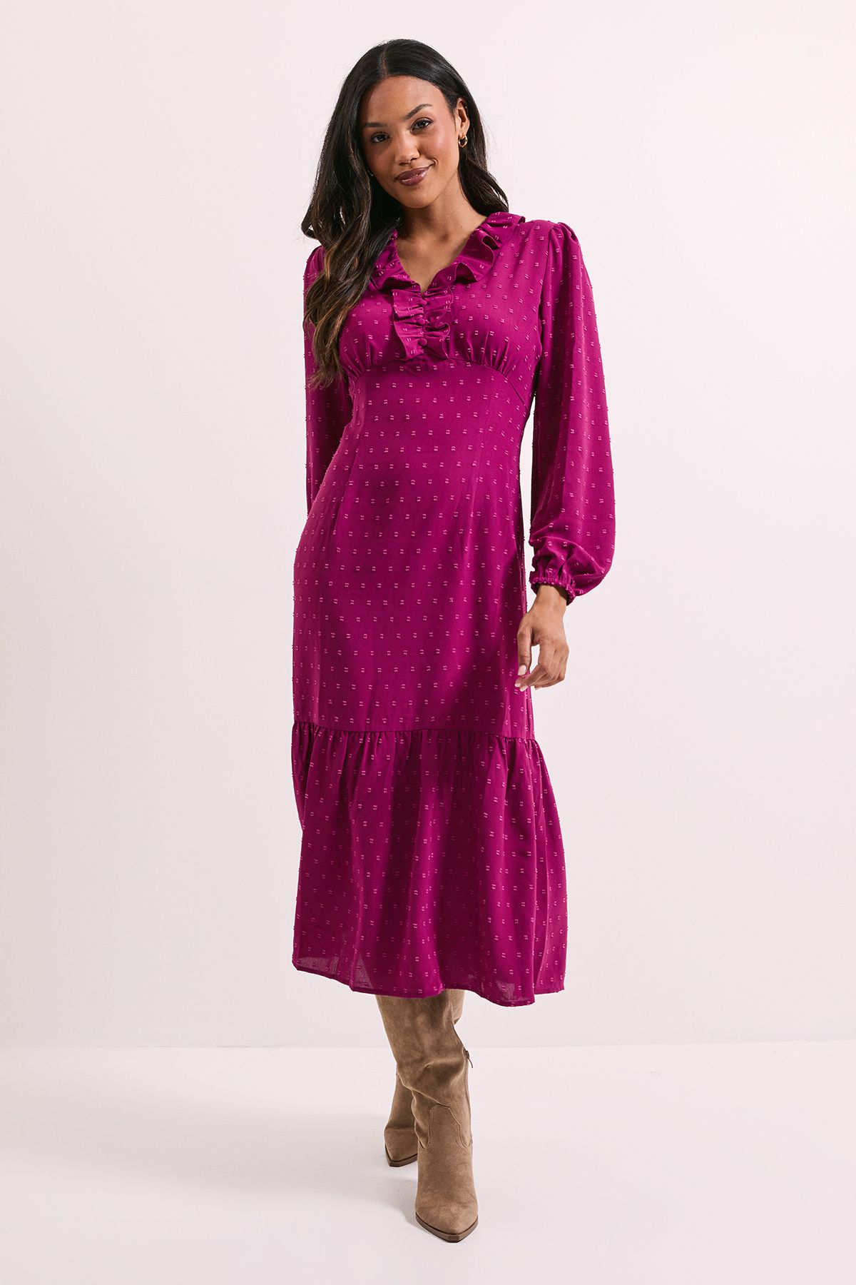 Dorothy Perkins Frill Sleeve Ruched Bodice Chiffon Midi Dress Berry