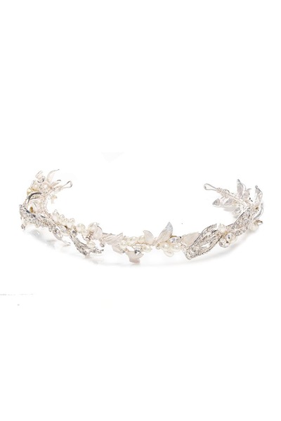 Jon Richard Delilah Silver Plated Pave Feather And Pearl Tiara - Gift Pouch