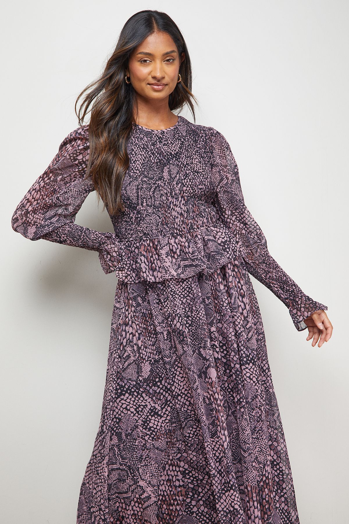 Oasis Western Shirred Bodice Long Sleeve Dress Multi image 2
