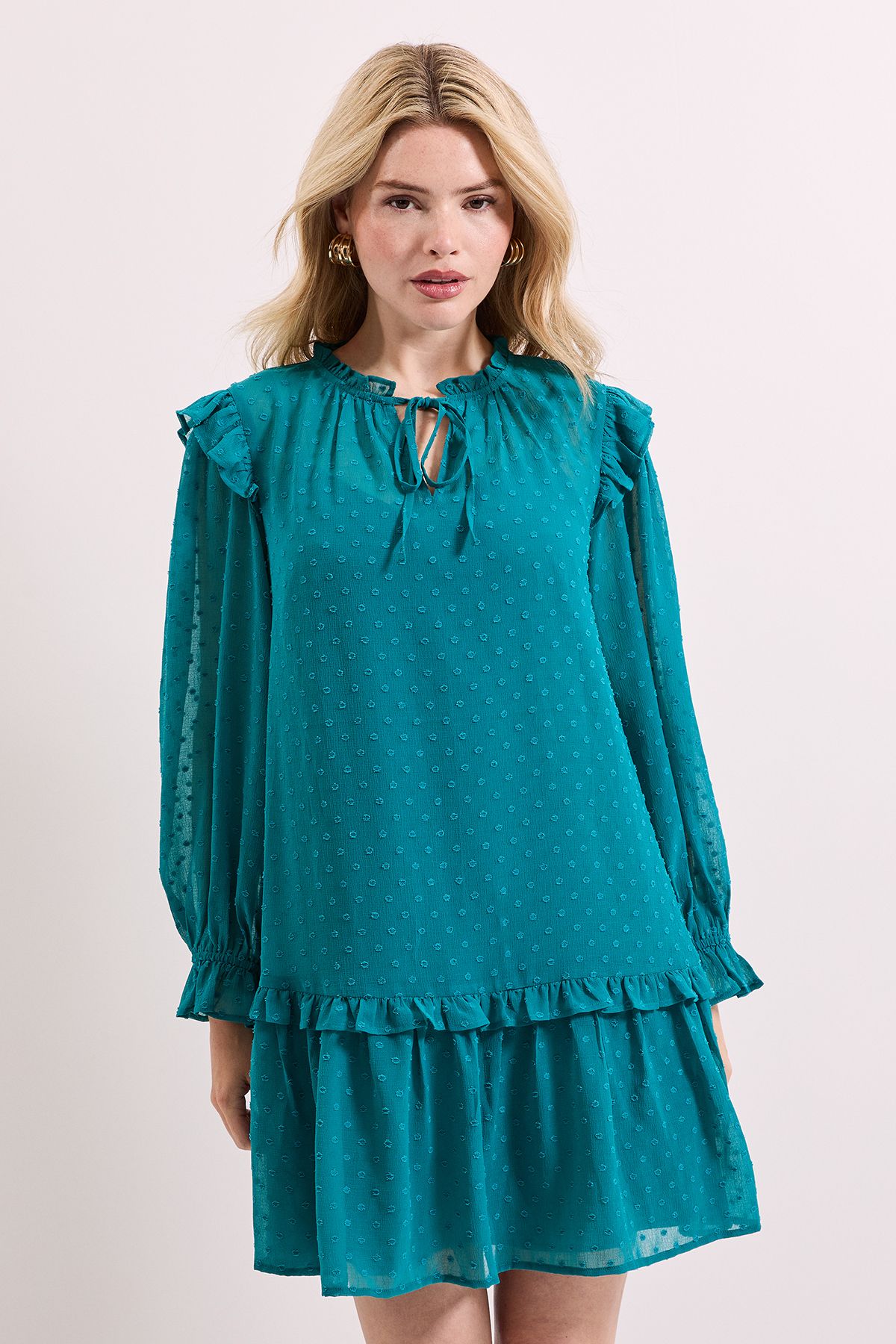 Dorothy Perkins Tiered Hem Tie Neck Shift Dress Teal image 2