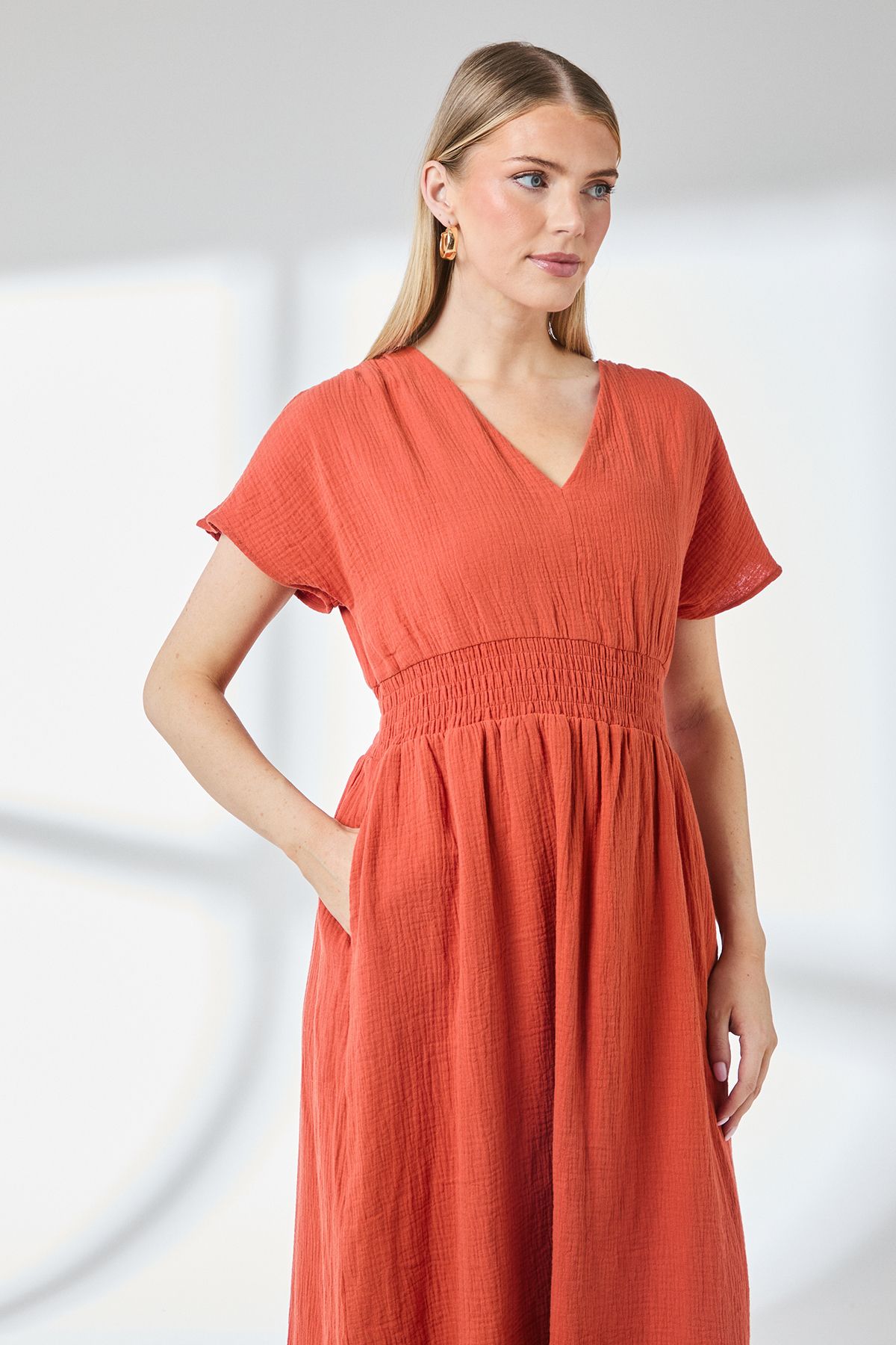 Principles Gauze Shirred Waist Detail Midi Dress Rust image 2