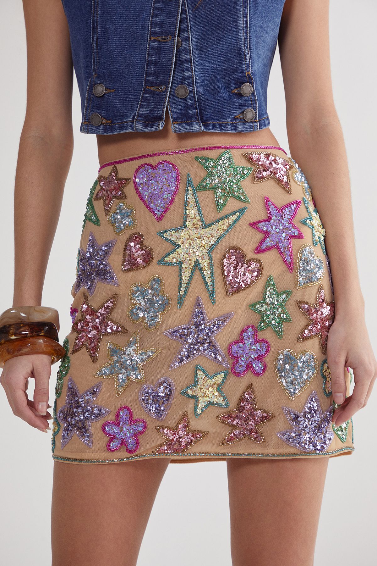 NastyGal Star And Heart Hand Embellished Mini Skirt Nude image 2