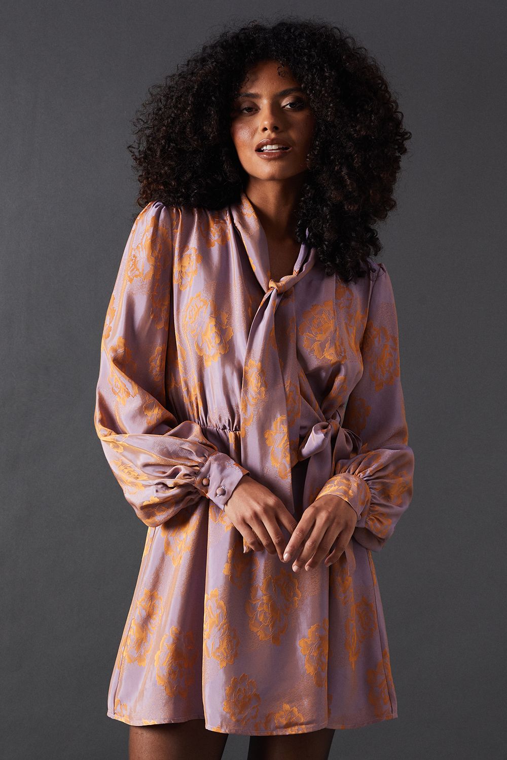 Warehouse Satin Rose Jacquard Tie Neck Flippy Mini Dress Purple image 4