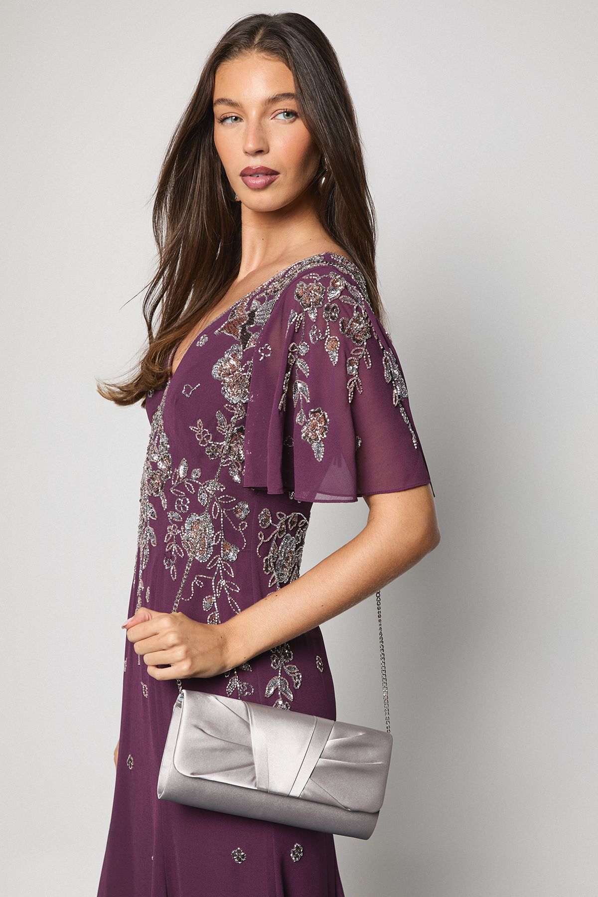 Coast Emma Satin Detail Chain Clutch Bag Silver image 1