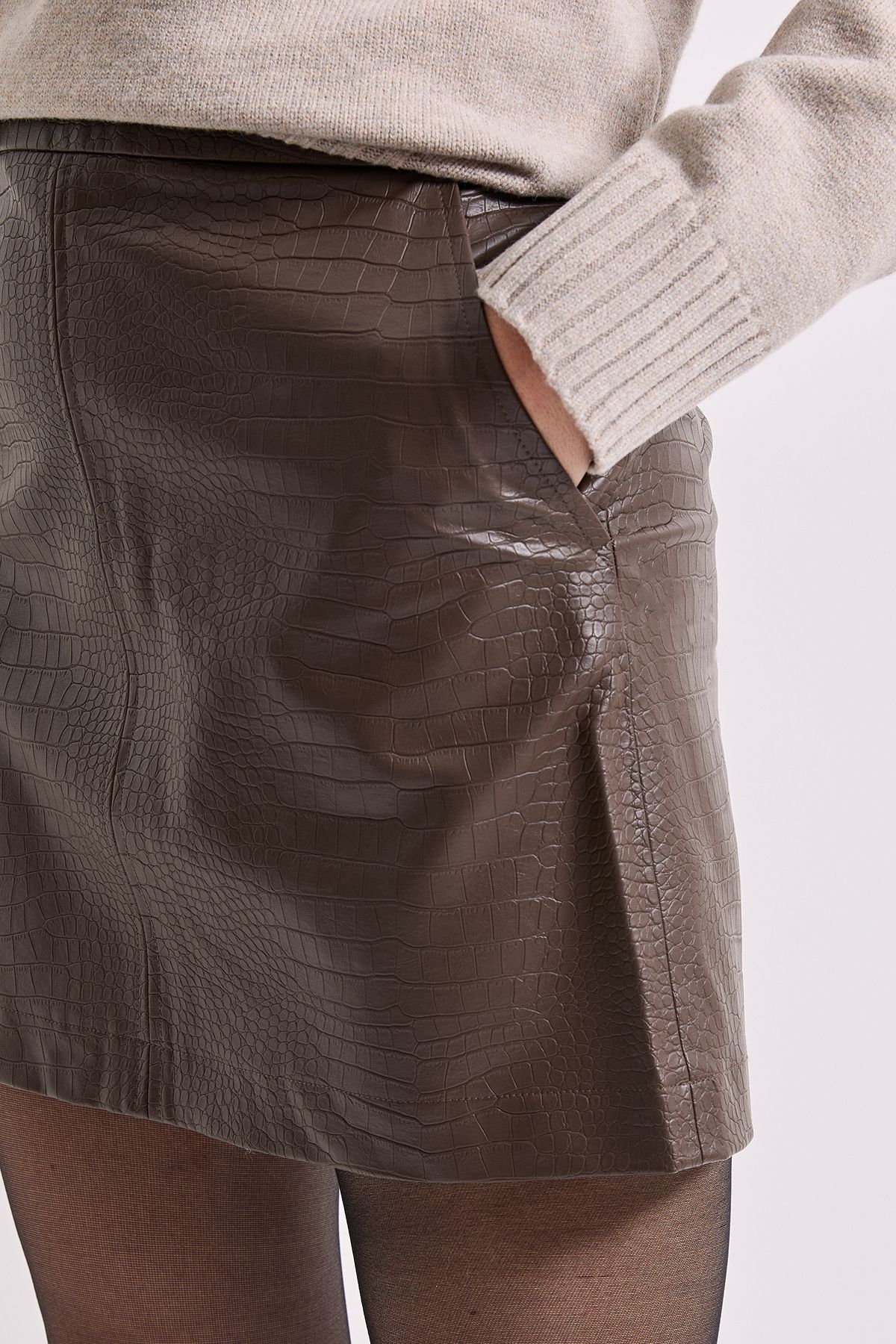 Dorothy Perkins Croc Faux Leather Mini Skirt Chocolate image 2