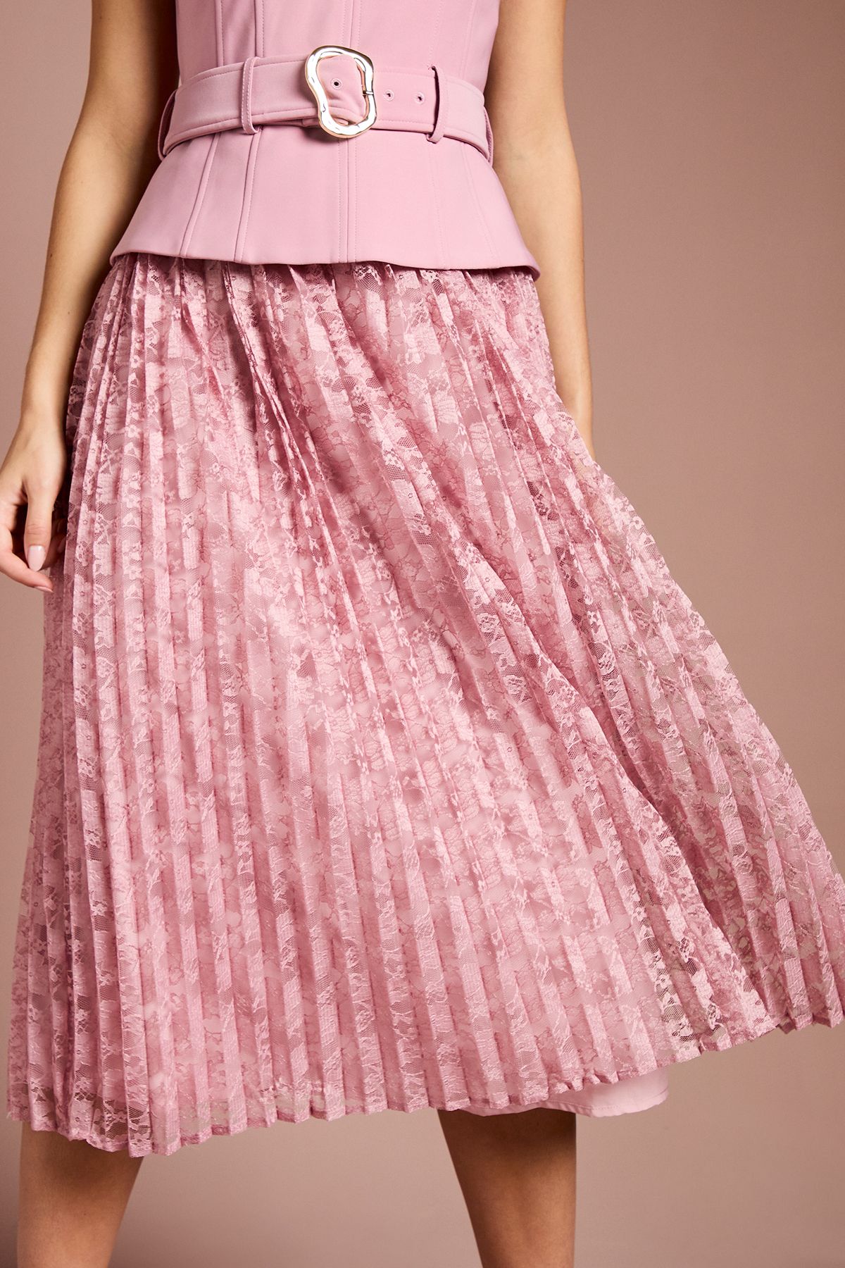 Coast Crepe Bodice Belted Lace Pleated Midi Dress Antique Rose image 4