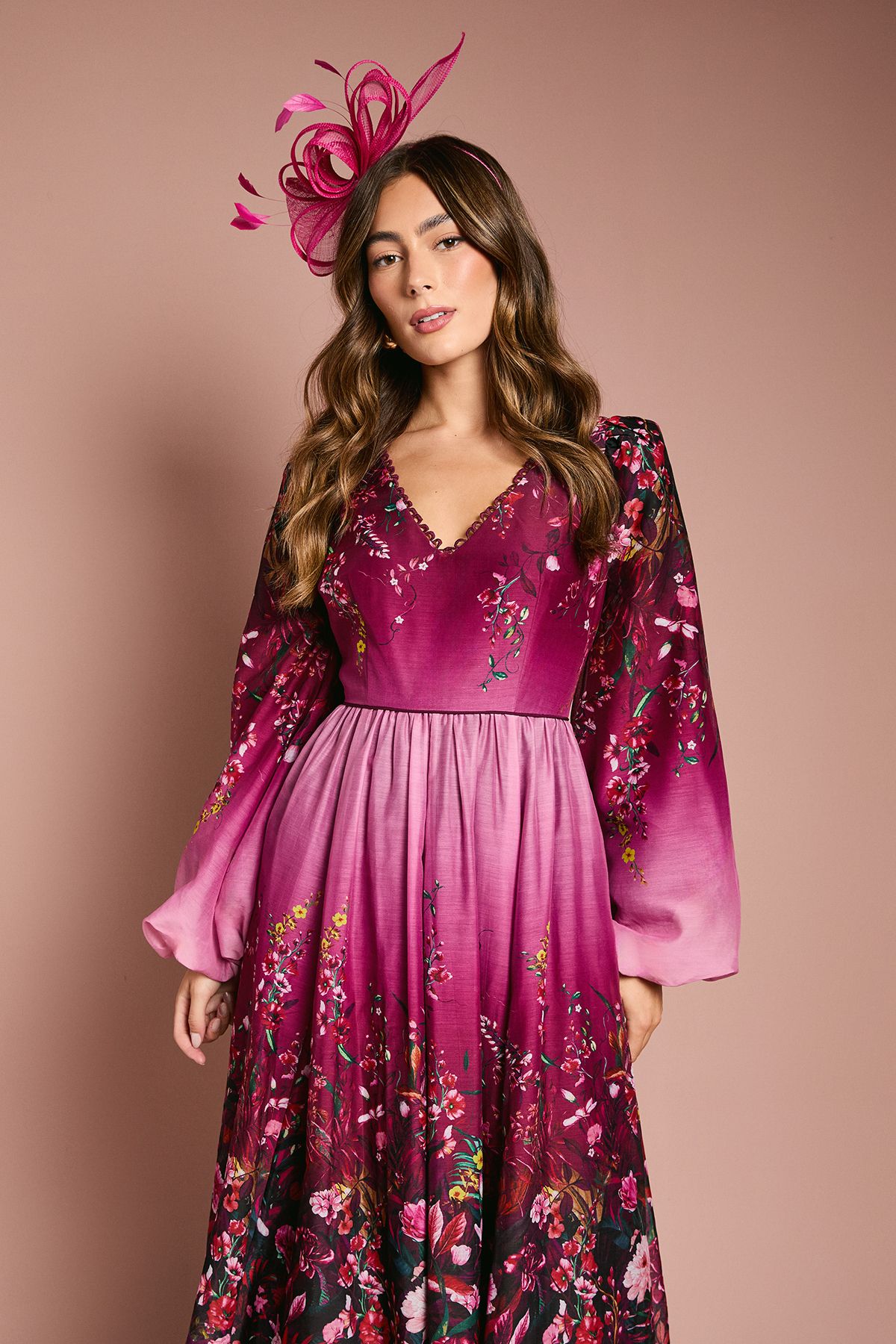 Coast Long Sleeve V Neck Boarder Floral Print Midi Dress Berry image 2