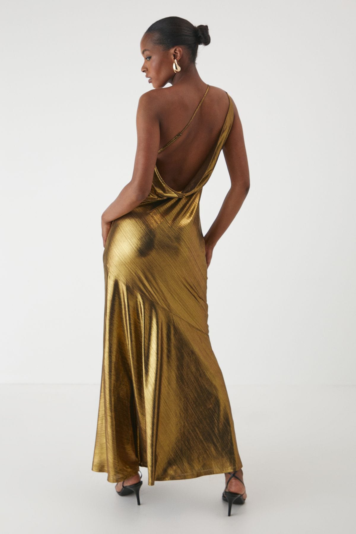 MissPap Asymmetric Neck Metallic Maxi Dress Bronze image 3