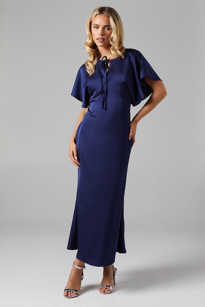Oasis Petite Cape Sleeve Satin Bridesmaid Midi Dress Navy