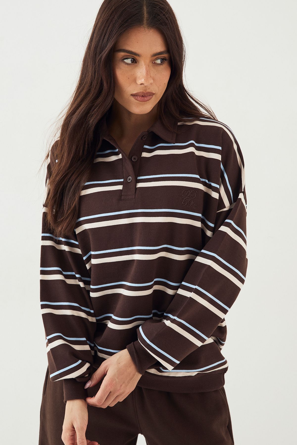 DSGN Studio DSGN Studio Stripe Collared Rugby Sweatshirt Dark Chocolate image 3