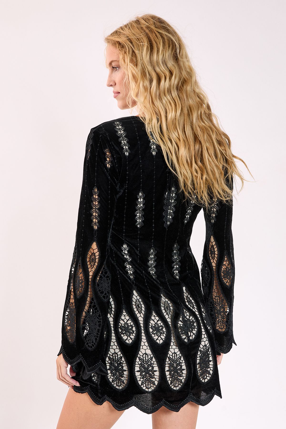 NastyGal Velvet Cutwork Lace Up Front Mini Dress Black image 4