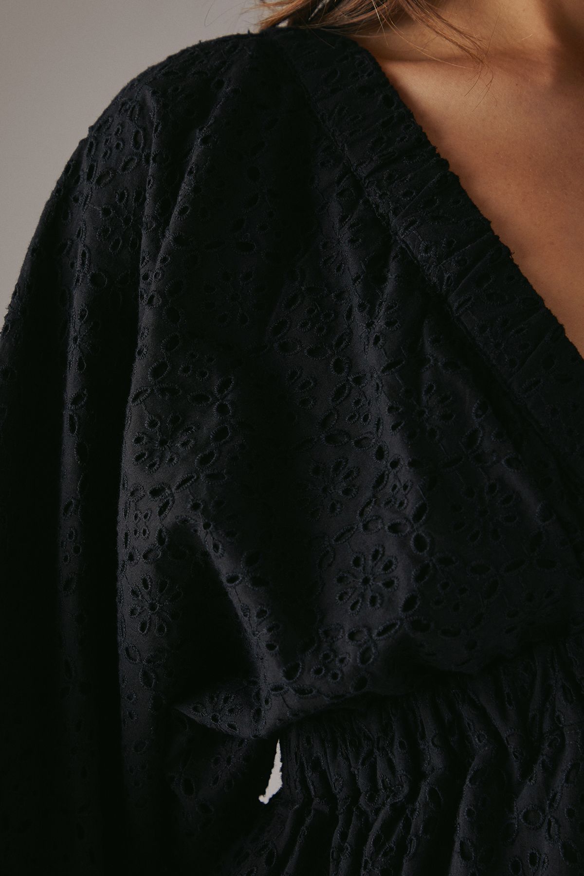 Warehouse Broderie Plunge Neck Volume Sleeve Smock Midi Dress Black image 5