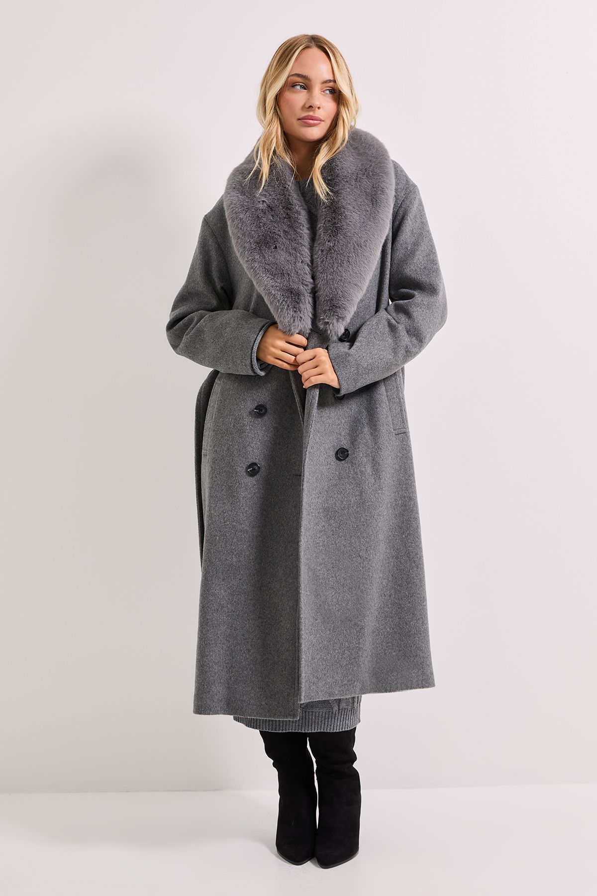 Dorothy Perkins Faux Fur Collar Belted Longline Coat Grey image 4