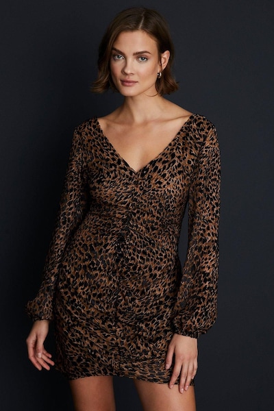 Oasis Velvet Devore Animal Volume Sleeve mini Dress Animal