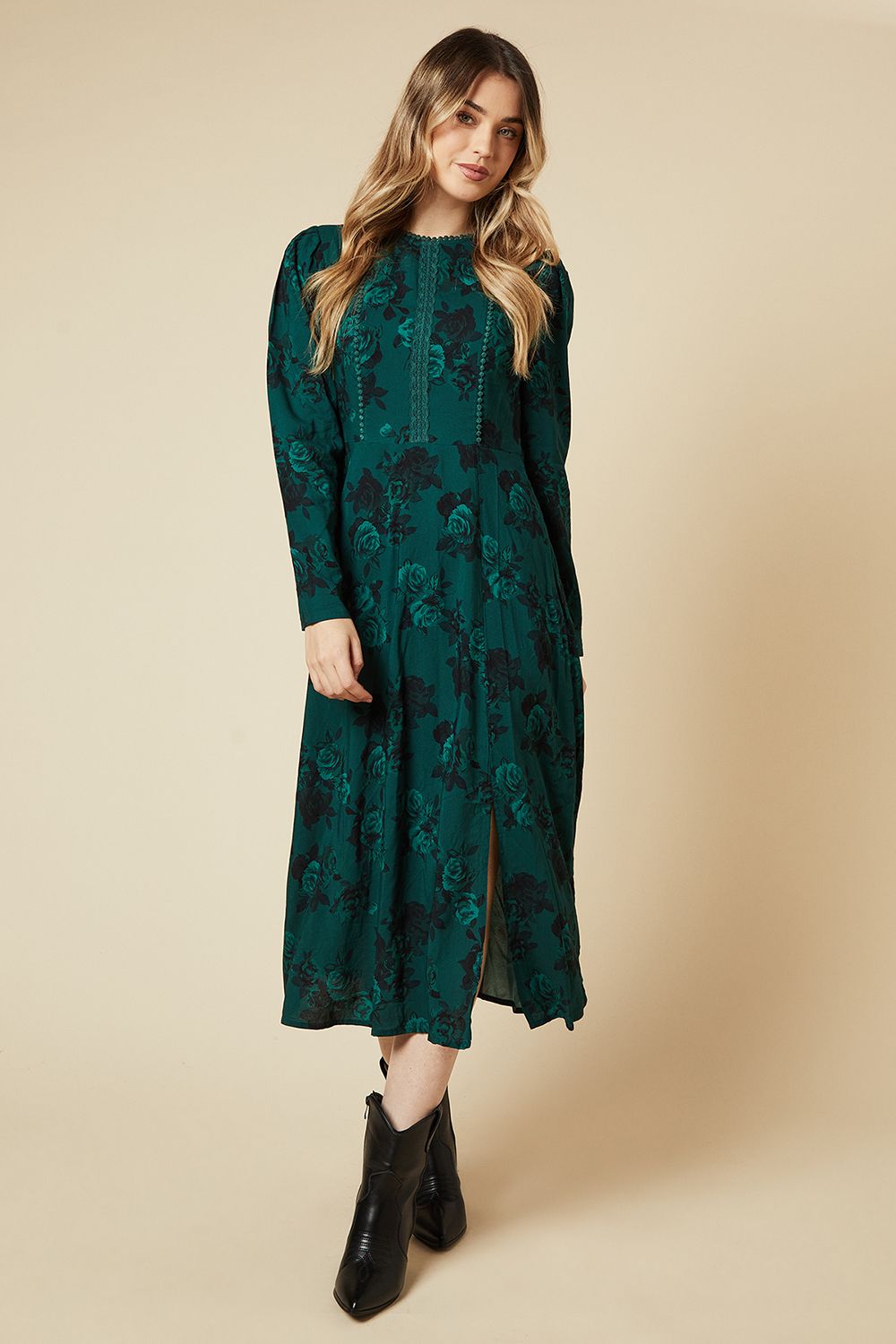 Dorothy Perkins Green Floral Lace Trim Body Long Sleeve Midi Dress Green image 1