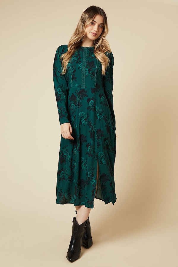 Dorothy Perkins Green Floral Lace Trim Body Long Sleeve Midi Dress Green