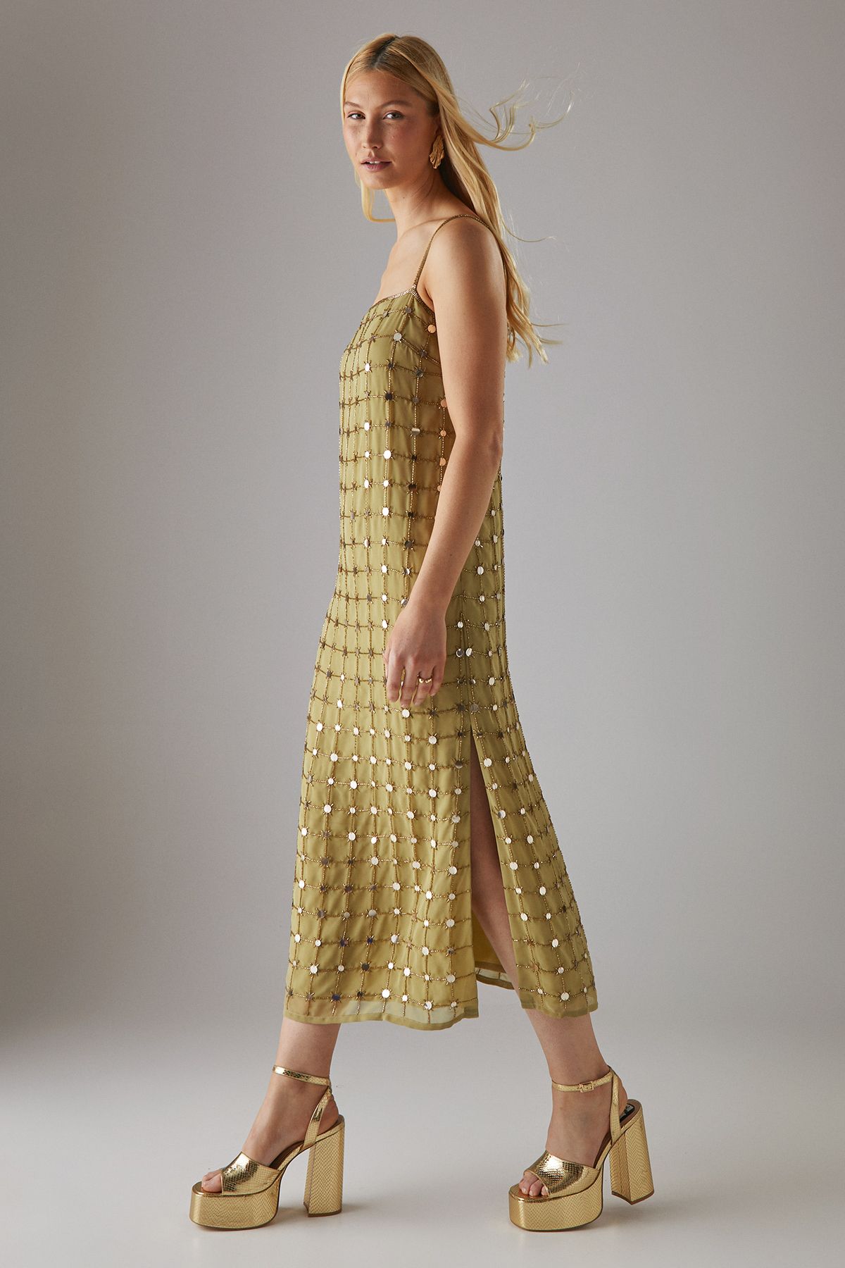 Warehouse Hand Embellished Sequin Grid Strappy Column Midi Dress Sage image 2
