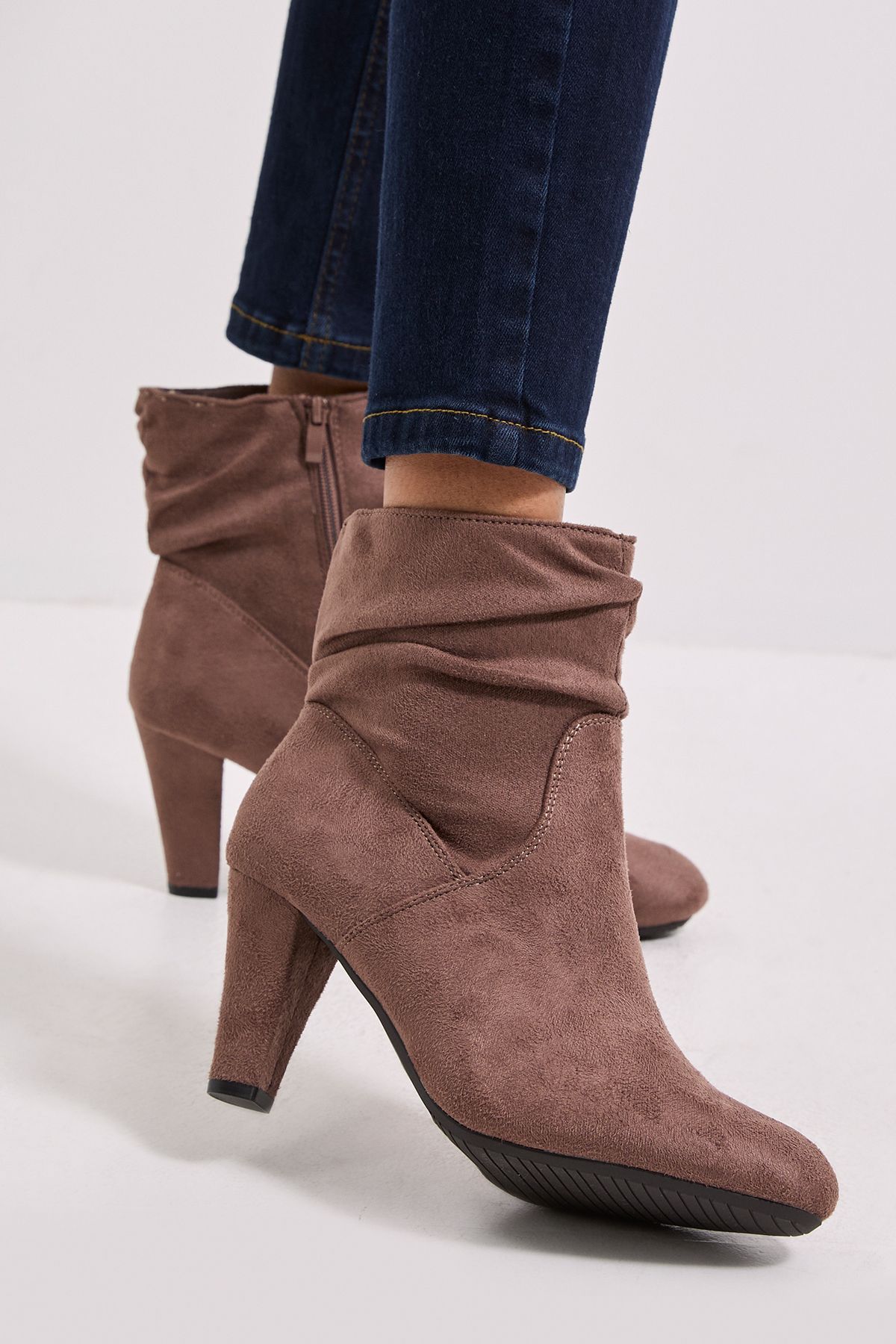 Dorothy Perkins Wide Fit Ally Faux Suede Ruched High Heeled Ankle Boots Taupe image 1