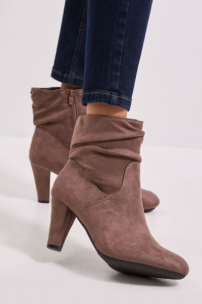 Dorothy Perkins Wide Fit Ally Faux Suede Ruched High Heeled Ankle Boots Taupe