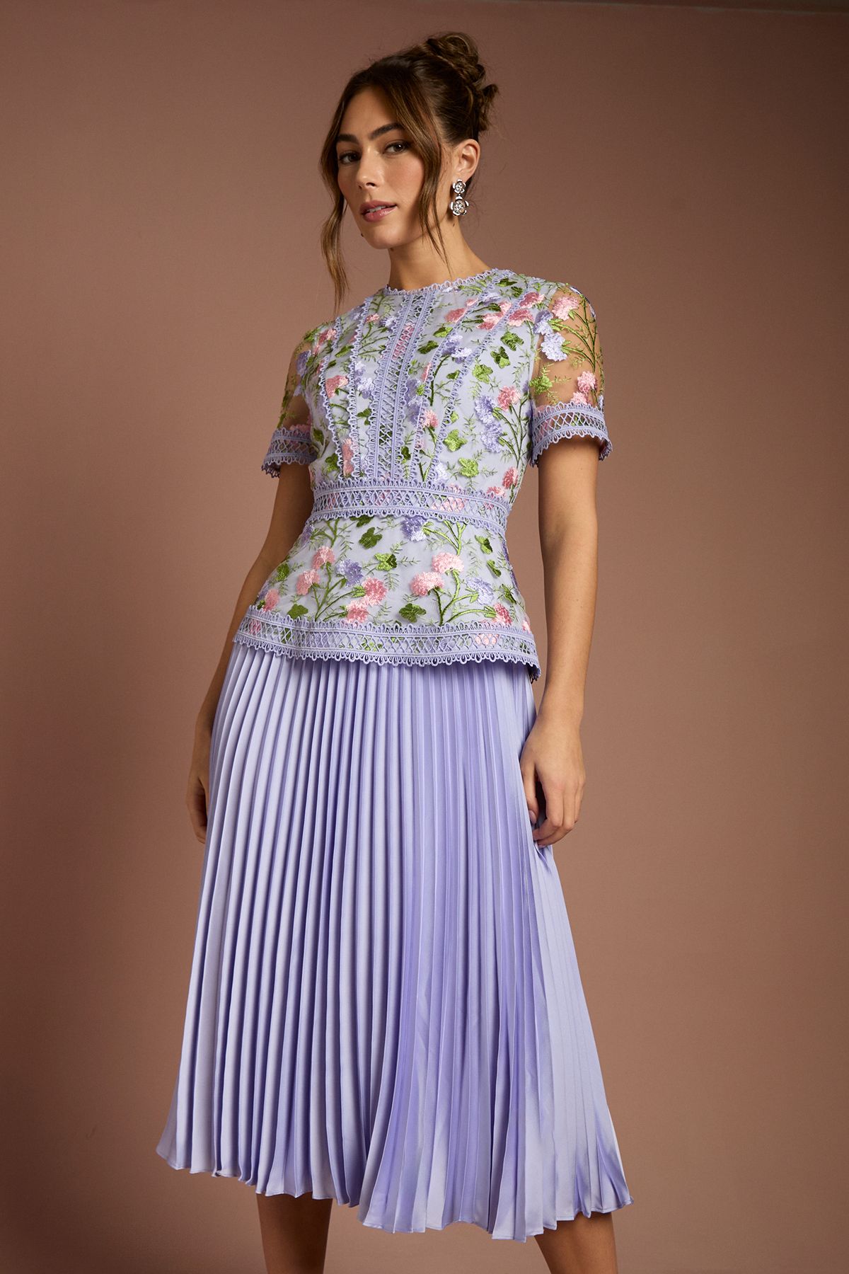 Coast Short Sleeve Embroidered Pleated Skirt Midi Dress Lilac image 2