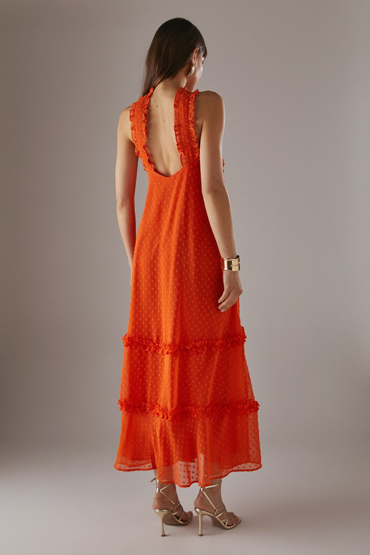 Warehouse Dobby Chiffon Frill Halter Tier Ruffle Maxi Dress Orange image 3